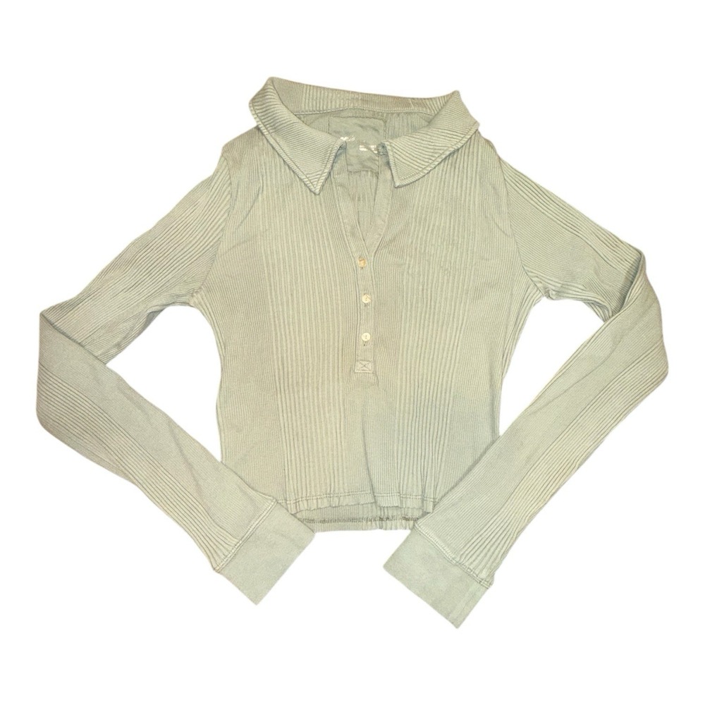Aerie Long Sleeve Ribbed Cropped Henley Top Collar Women's L